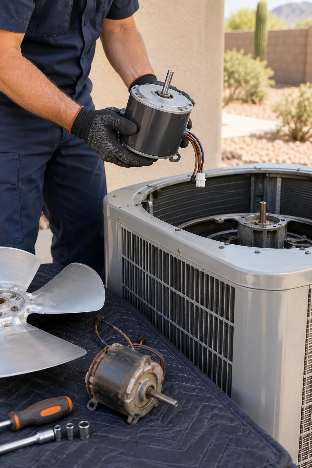 Illustrative photo of a technician replacing an air conditioner fan motor