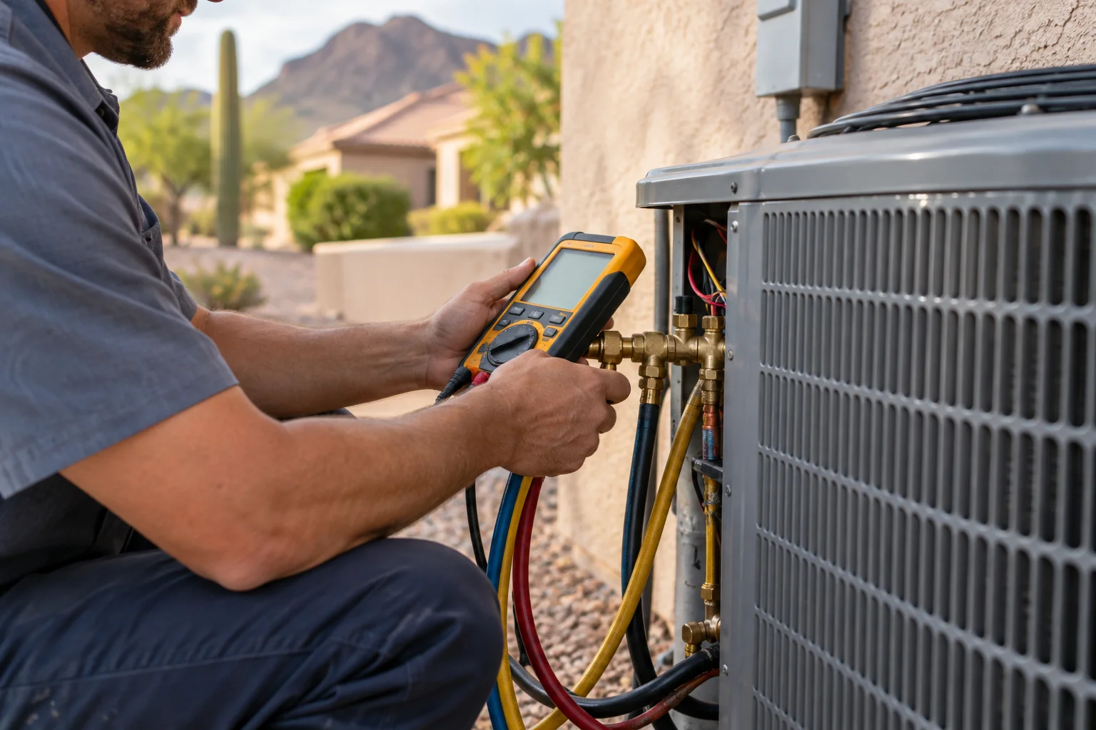 Illustrative close-up of HVAC diagnostic work